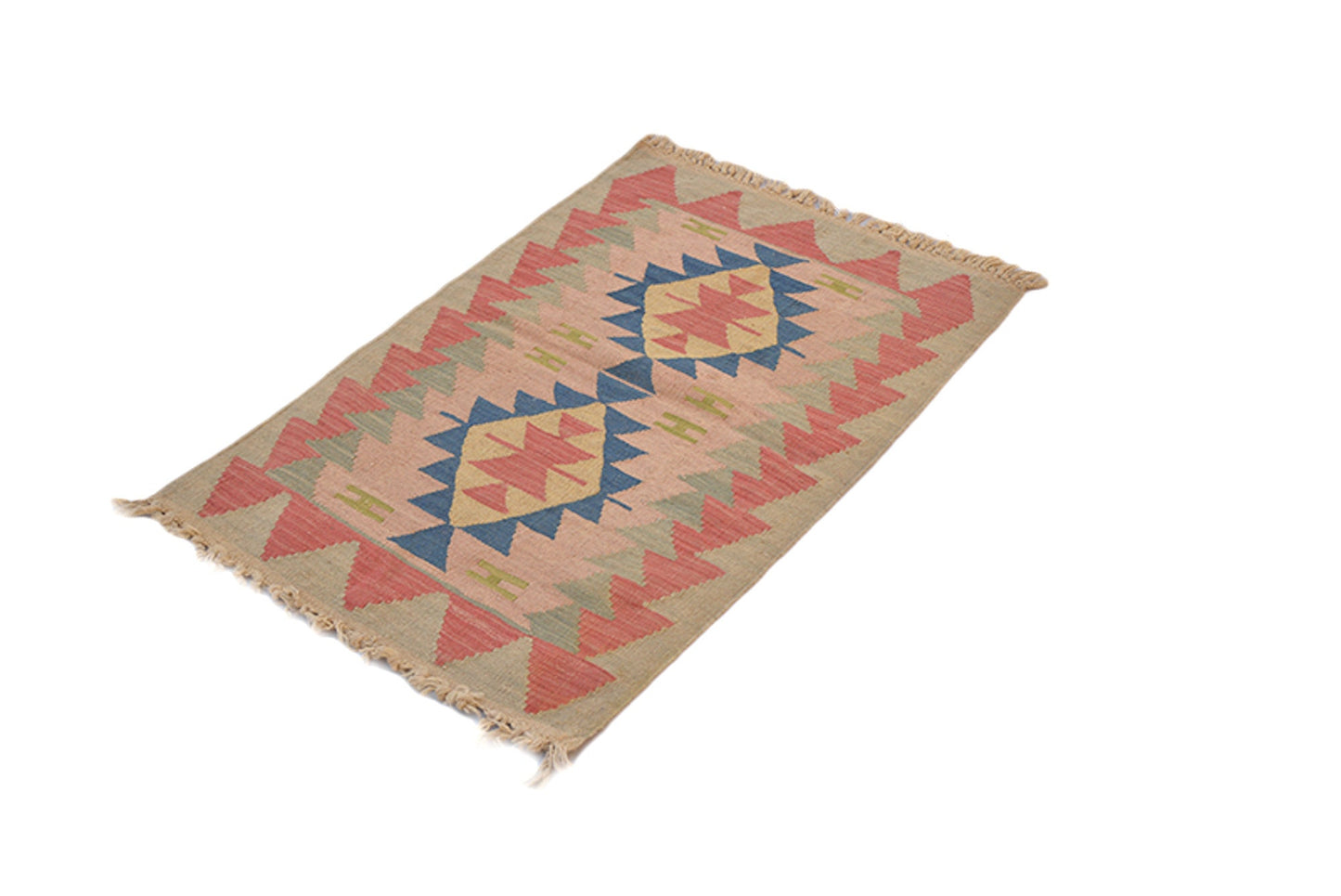 2 x 3 Feet Beige Red Geometric Rug | Handmade Area Rug | Oriental Persian Rug | Living Room Rug | Wool Traditional Vintage
