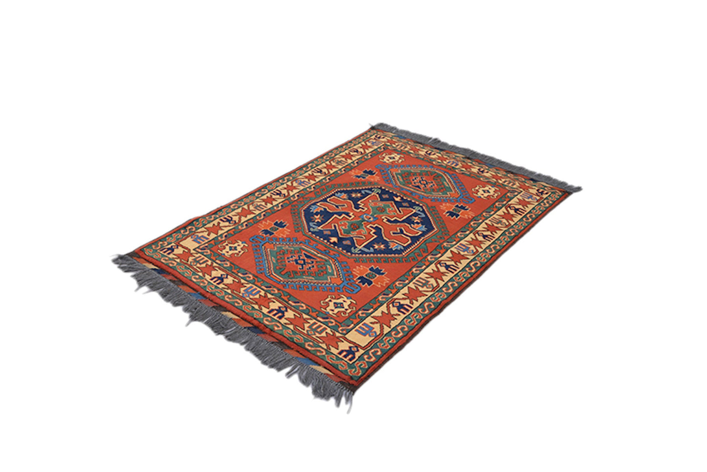 Bright Red 3x5 Tribal Rug | Vintage Wool Area Rug | Geometric Medallion Navy Green | Beige Bordered Rug | Entryway Home Accent | Rustic