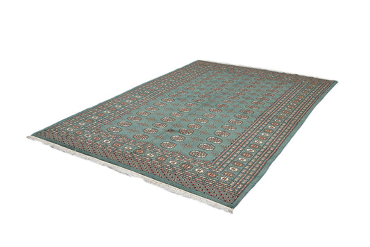 6 x 9 Light Green Kashmiri Area Rug | Large Border with Orange and Ivory Geometric Pattern | Wool Hand Knotted With Soft Shine Pile