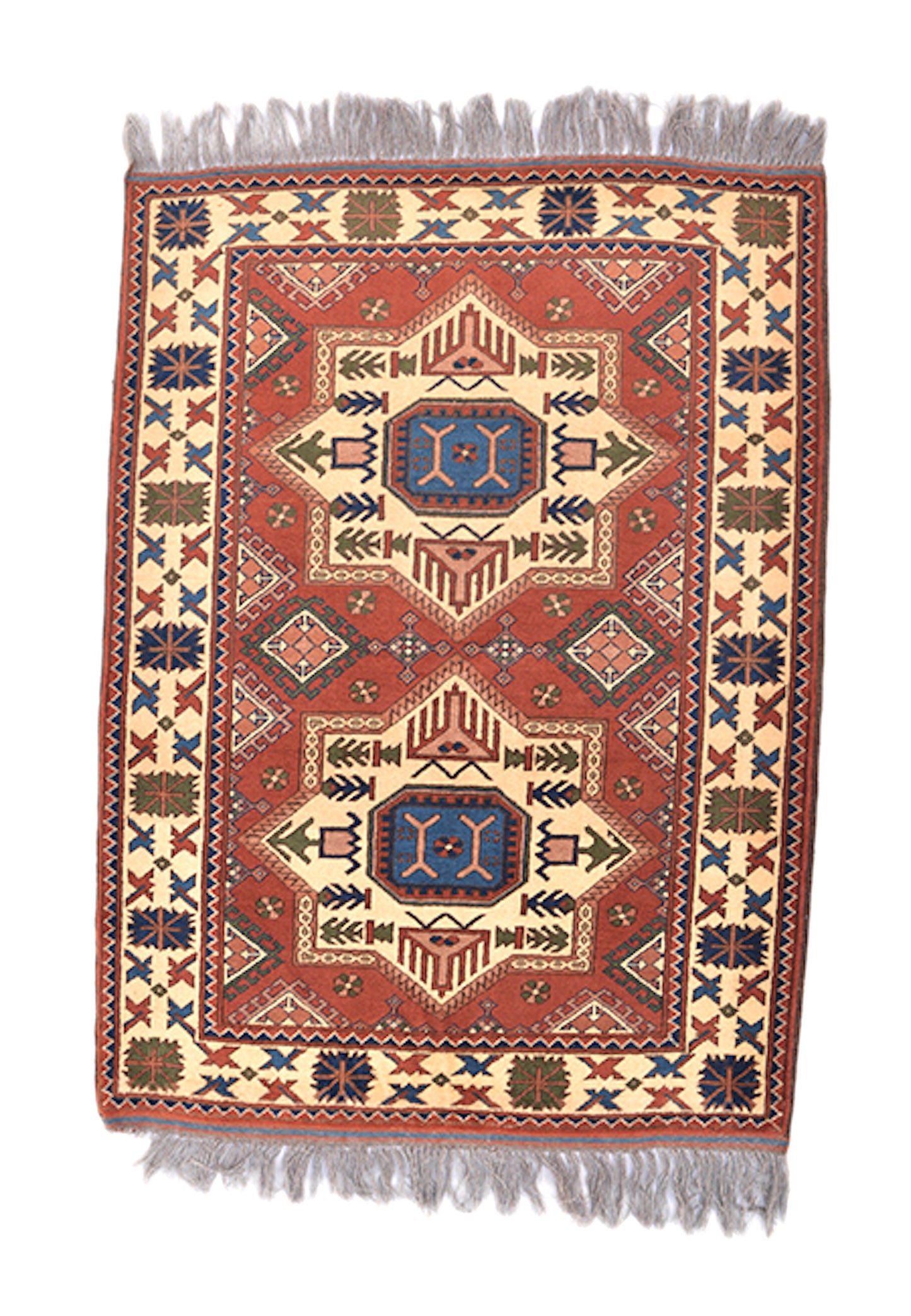 Copper 4x5 Beige Antique Rug | One of a kind Turkish Caucasian Rug | Living Room Rug | Navy Medallion Handmade Wool Rug | Geometric Pattern