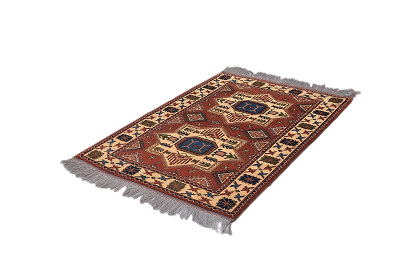 Copper 4x5 Beige Antique Rug | One of a kind Turkish Caucasian Rug | Living Room Rug | Navy Medallion Handmade Wool Rug | Geometric Pattern