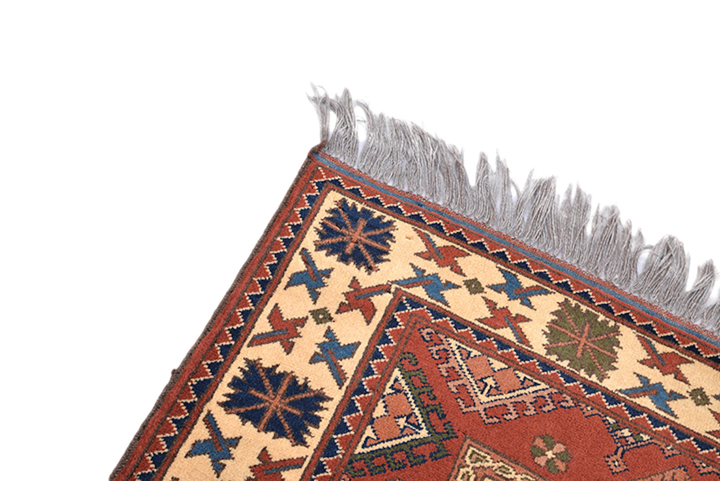 Copper 4x5 Beige Antique Rug | One of a kind Turkish Caucasian Rug | Living Room Rug | Navy Medallion Handmade Wool Rug | Geometric Pattern