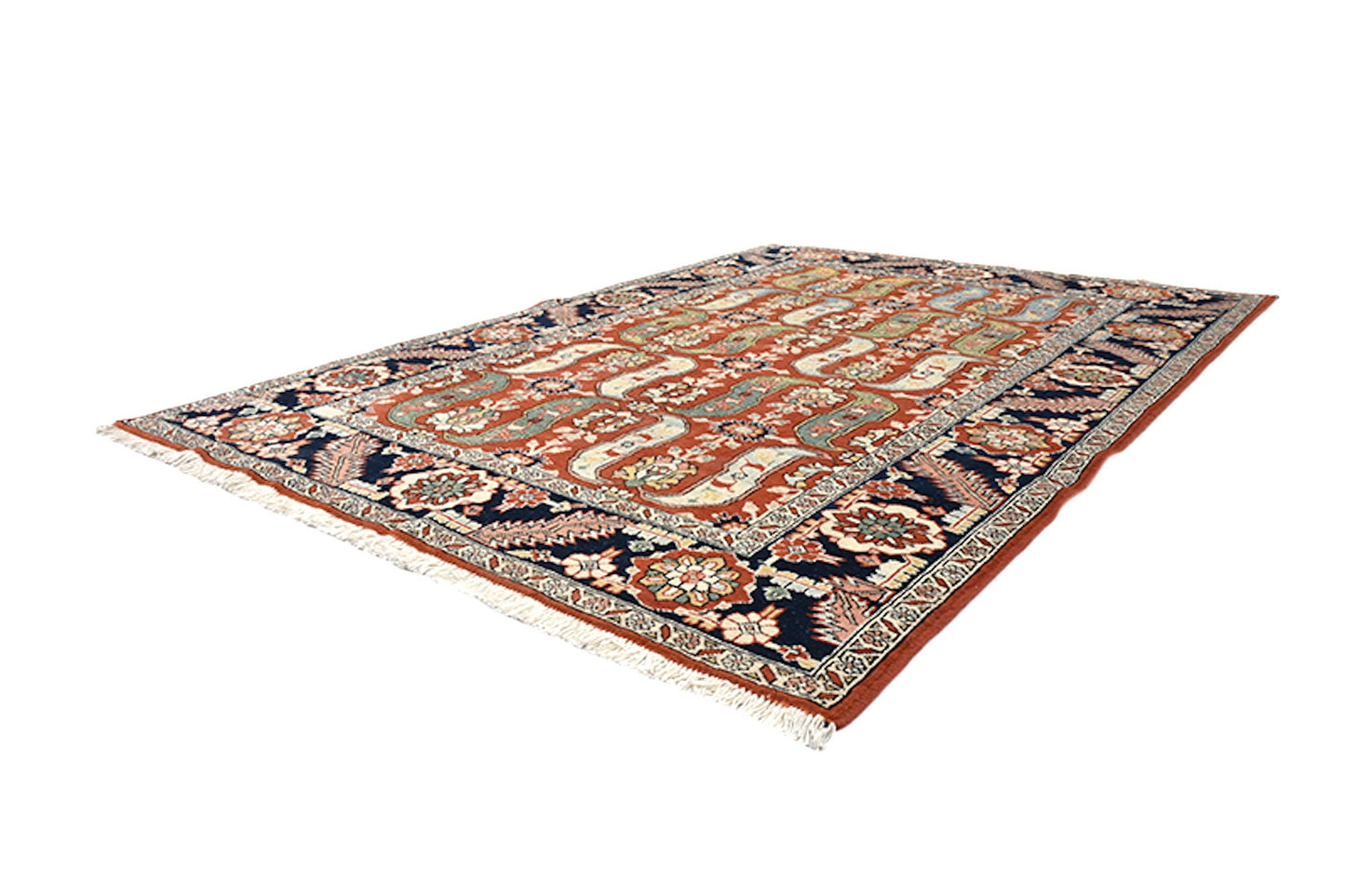 Orange Blue Oriental 6x8 Antique Rug | Accent One of a Kind Living Room Rug with Persian Motifs and Navy Blue Border