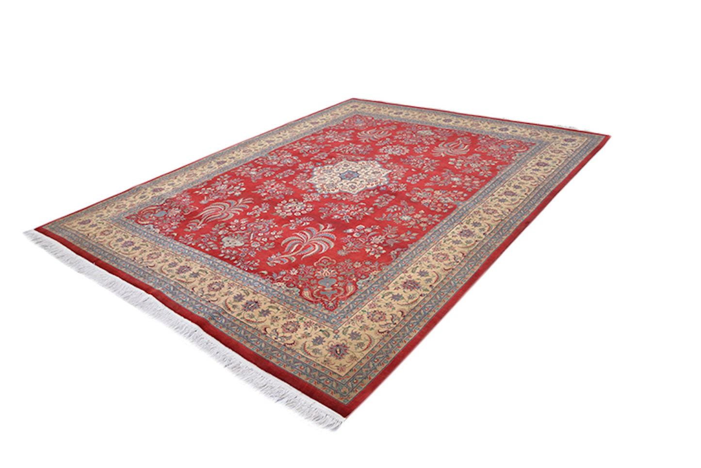 Red Large Oriental Rug with Medallion | 7 x 10 | Thick Beige Border with Blue Trimming