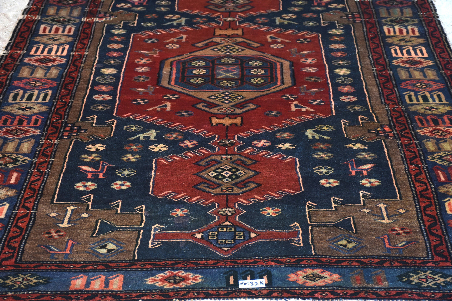 Blue Red 4x7 Vintage Rug | Tribal Oriental Persian Rug | Kazak Bohemian Rug | Handmade Rug
