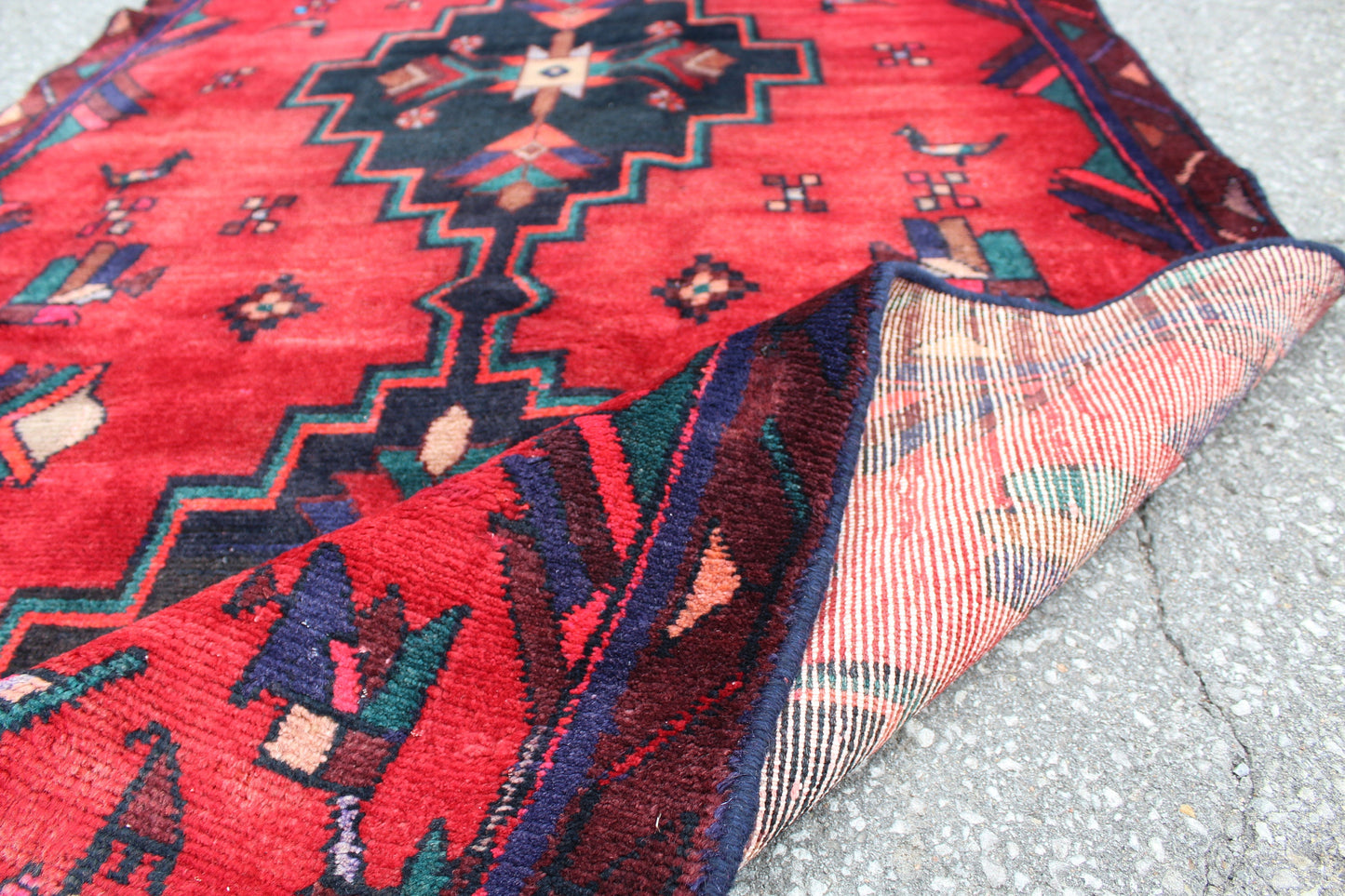 Bright Red 4x6 Rug with Navy Teal Tribal Floral Accents
