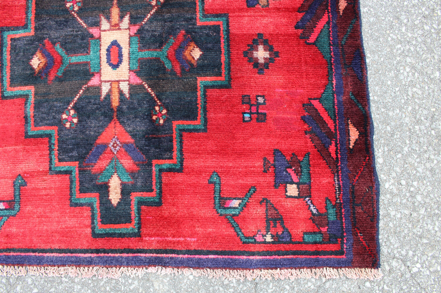 Bright Red 4x6 Rug with Navy Teal Tribal Floral Accents