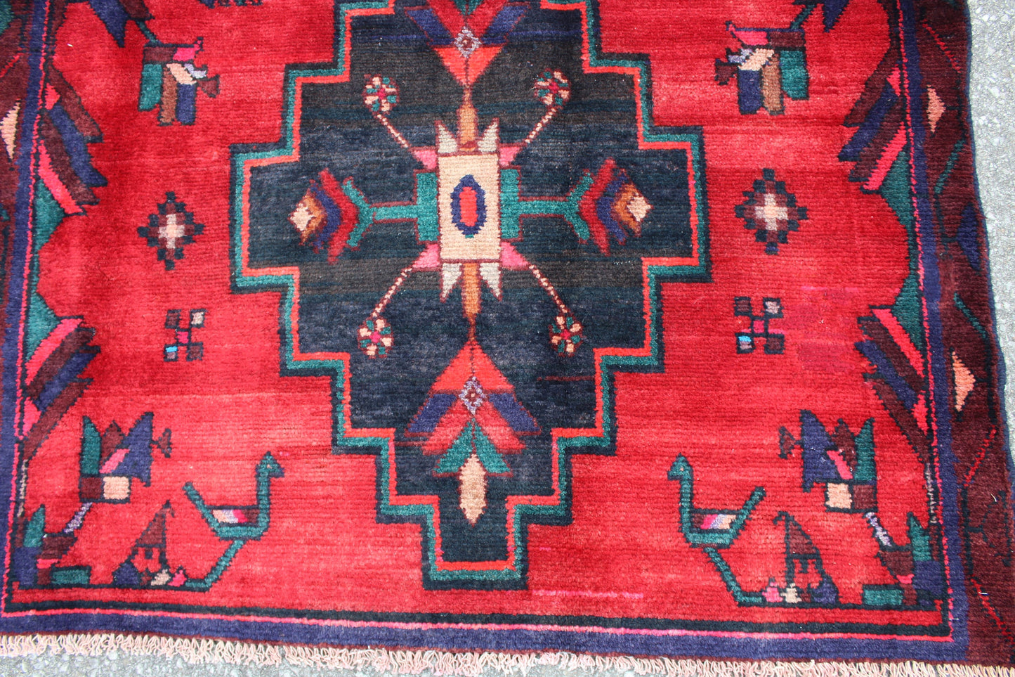 Bright Red 4x6 Rug with Navy Teal Tribal Floral Accents