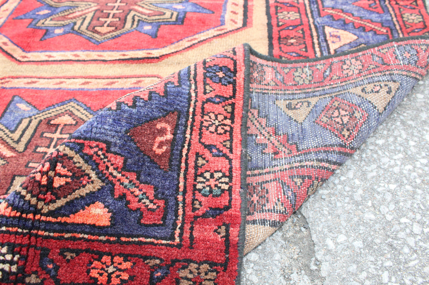 Beige Runner With Navy Red Pink Geometric Tribal Designs | 3.11 x 8.2 Runner