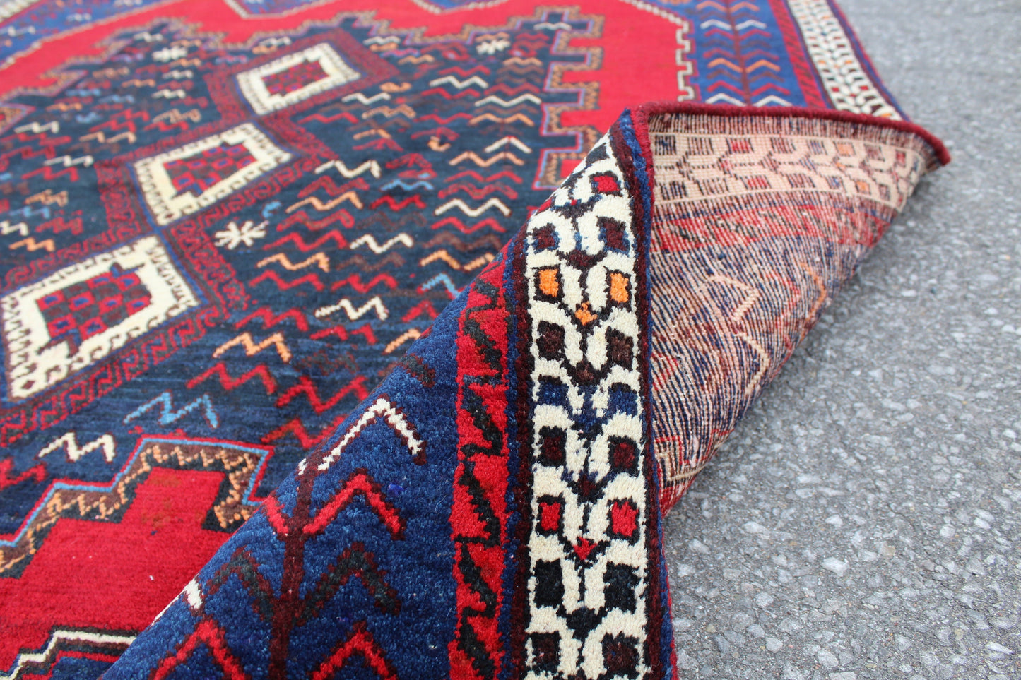 Blue 5x6 Rug with Red Accents | Wool Hand Knotted Tribal Rug