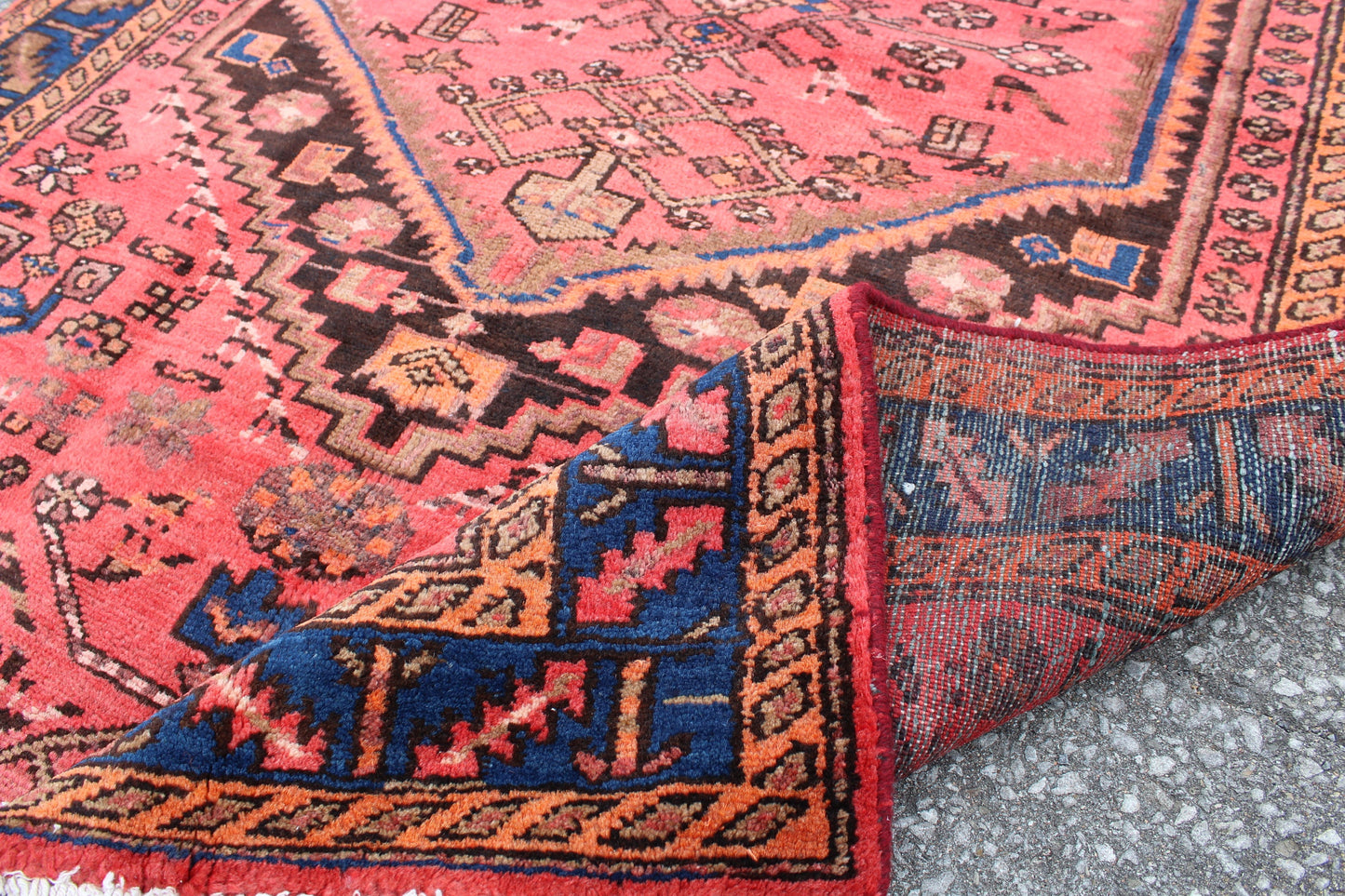 Coral Pink Handmade 4x6 Persian Rug with Blue Bordered Outline
