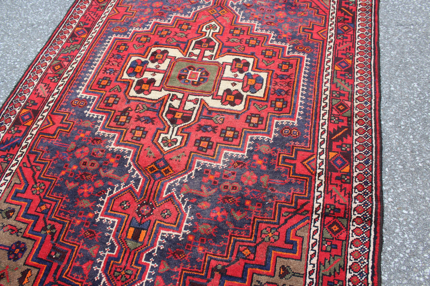Red Blue 5x7 Vintage Hand Knotted Wool Rug