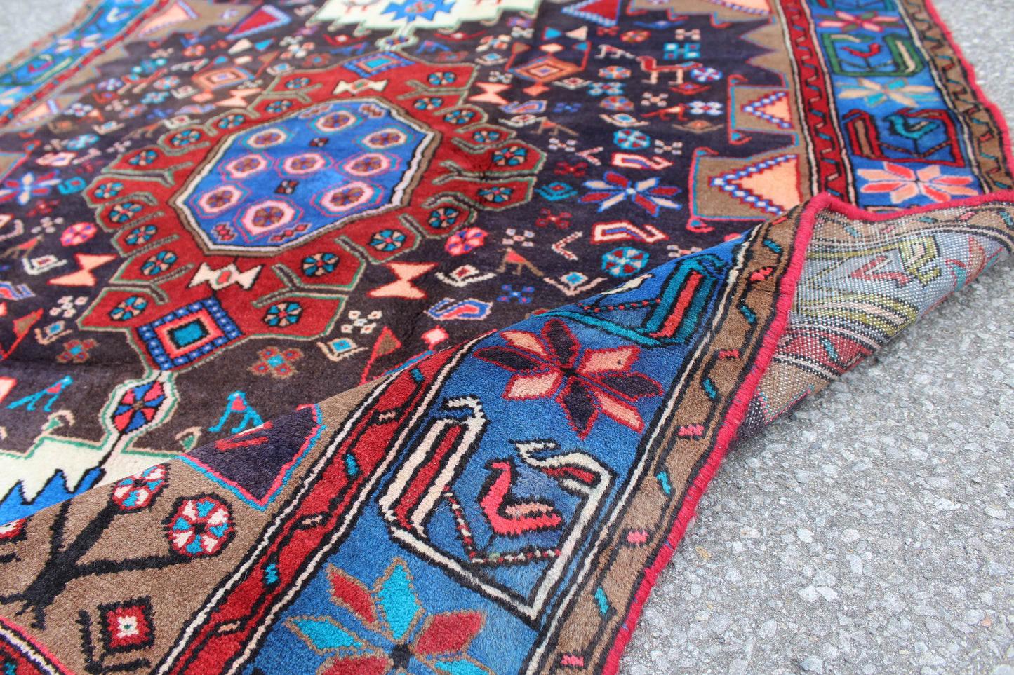 Blue Navy Blue 5x7 Vintage Tribal Handmade Wool Rug