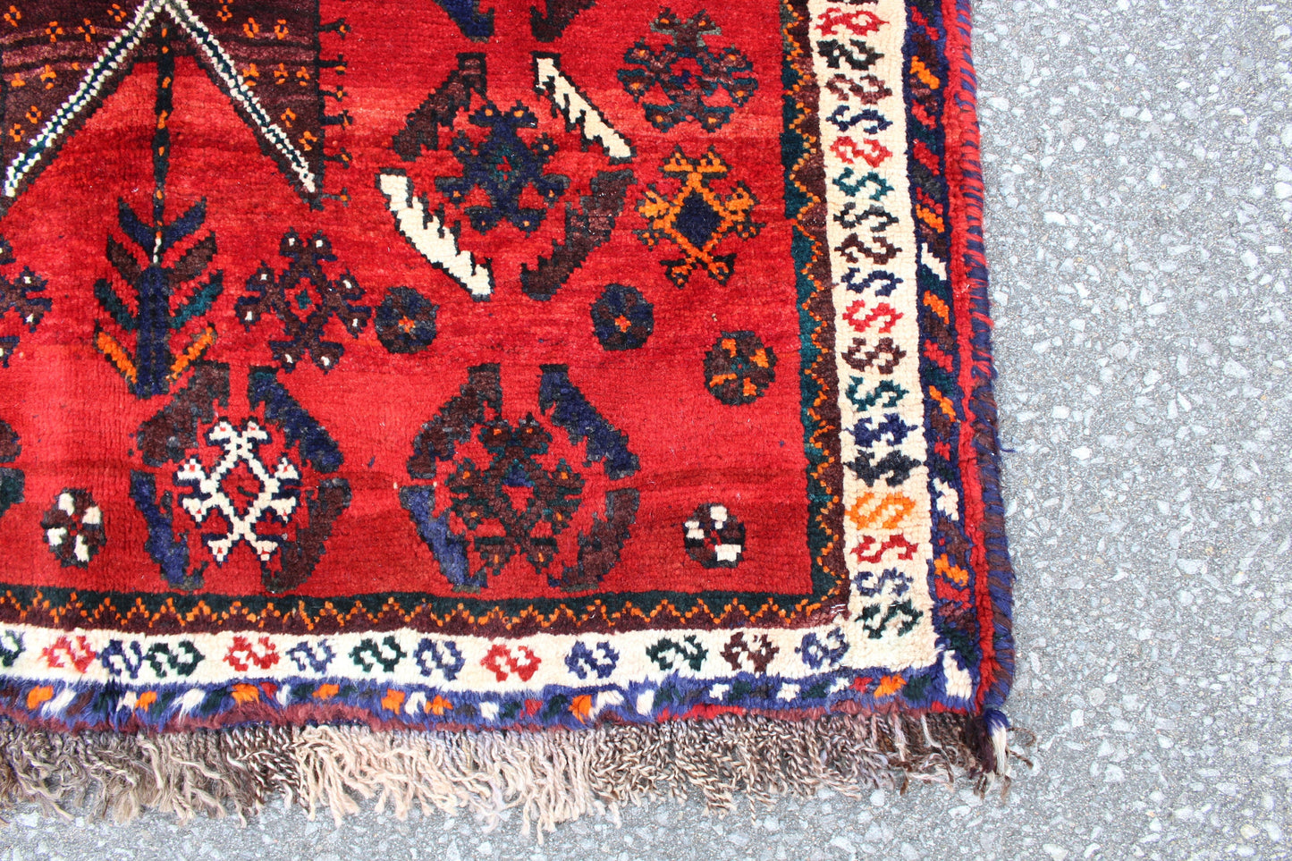Bold Red 4x6 Rug with Ivory Border and Diamond Medallions | Handmade Vintage Wool