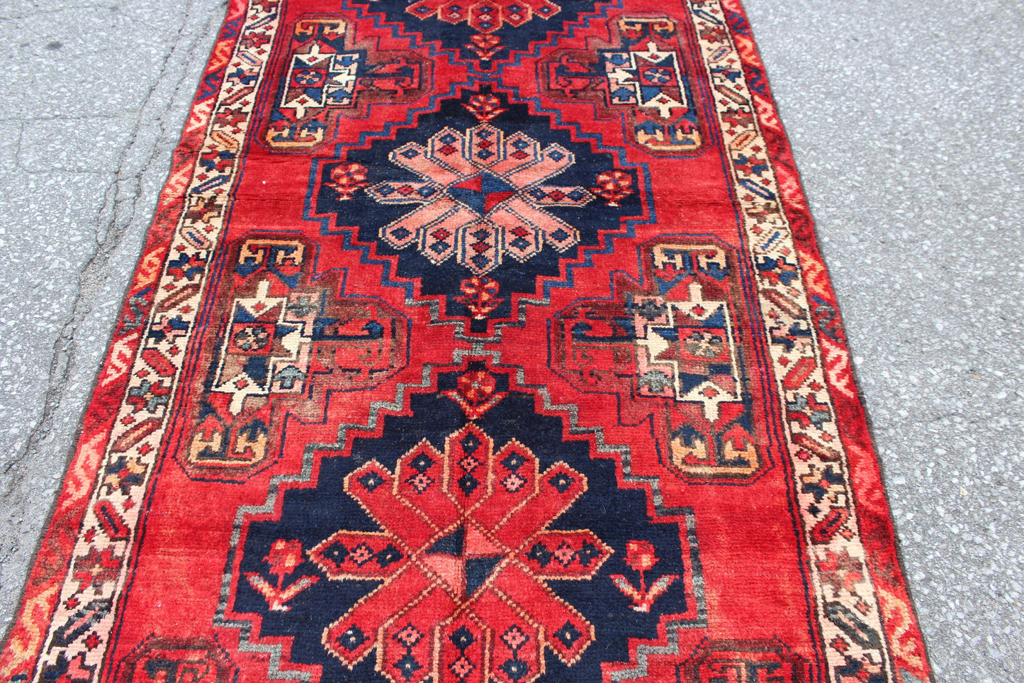 Red 3x6 Runner Rug with Navy Blue Medallions | Handmade Persian Turkish Rug