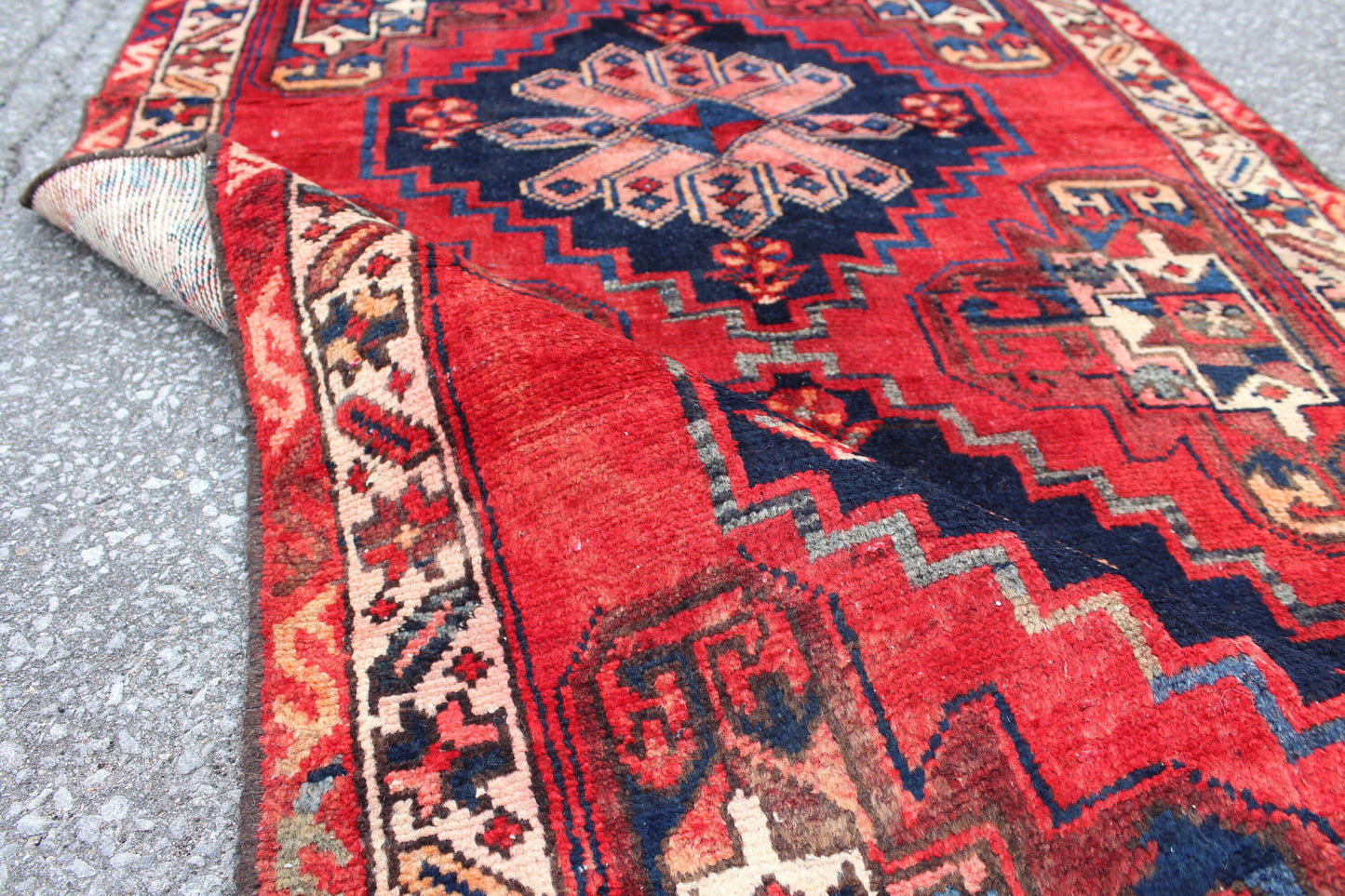 Red 3x6 Runner Rug with Navy Blue Medallions | Handmade Persian Turkish Rug