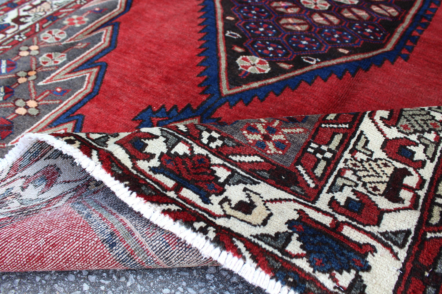 Red Rug with Navy Beige Border 4x7 Handmade Wool Rug