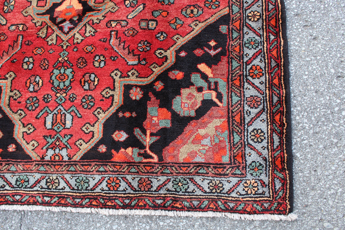Red Black 5x8 Vintage Hand Knotted Rug