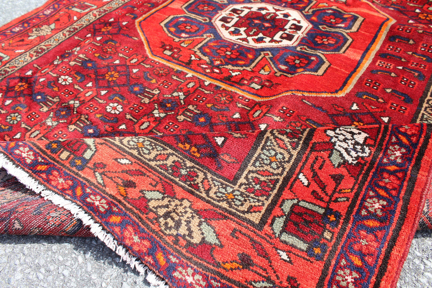 Bright Red Orange 4x7 Tribal Vintage Rug with Olive Green Border
