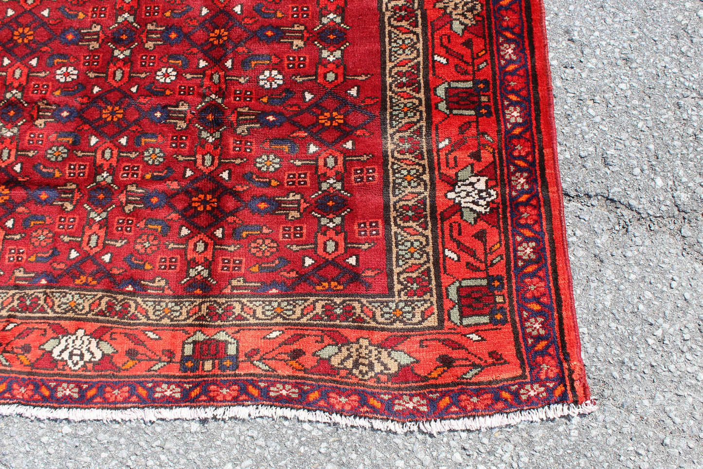 Bright Red Orange 4x7 Tribal Vintage Rug with Olive Green Border