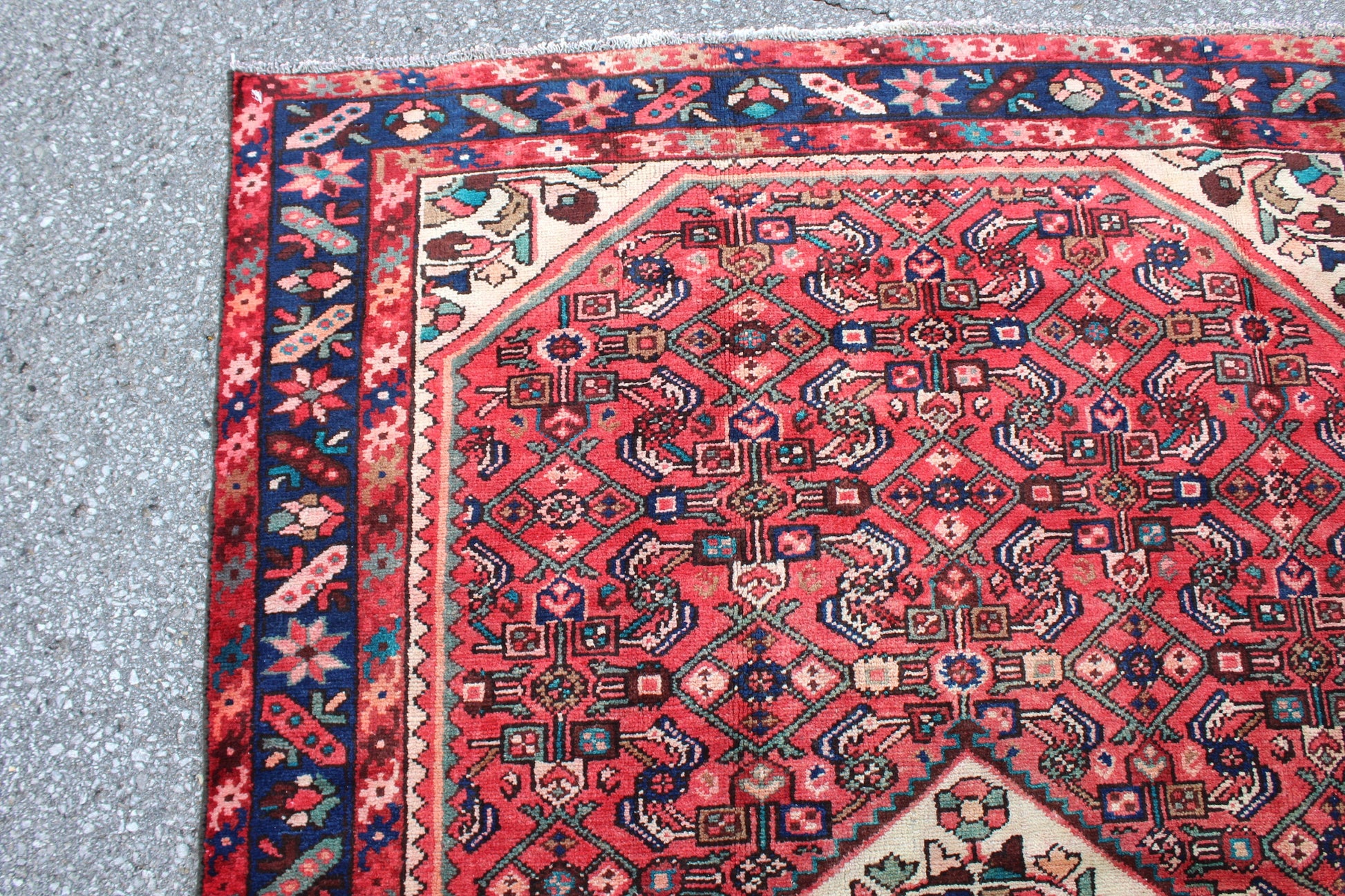 Pink Vintage 5x7 Vintage Handmade Area Rug | Bright Blue Border