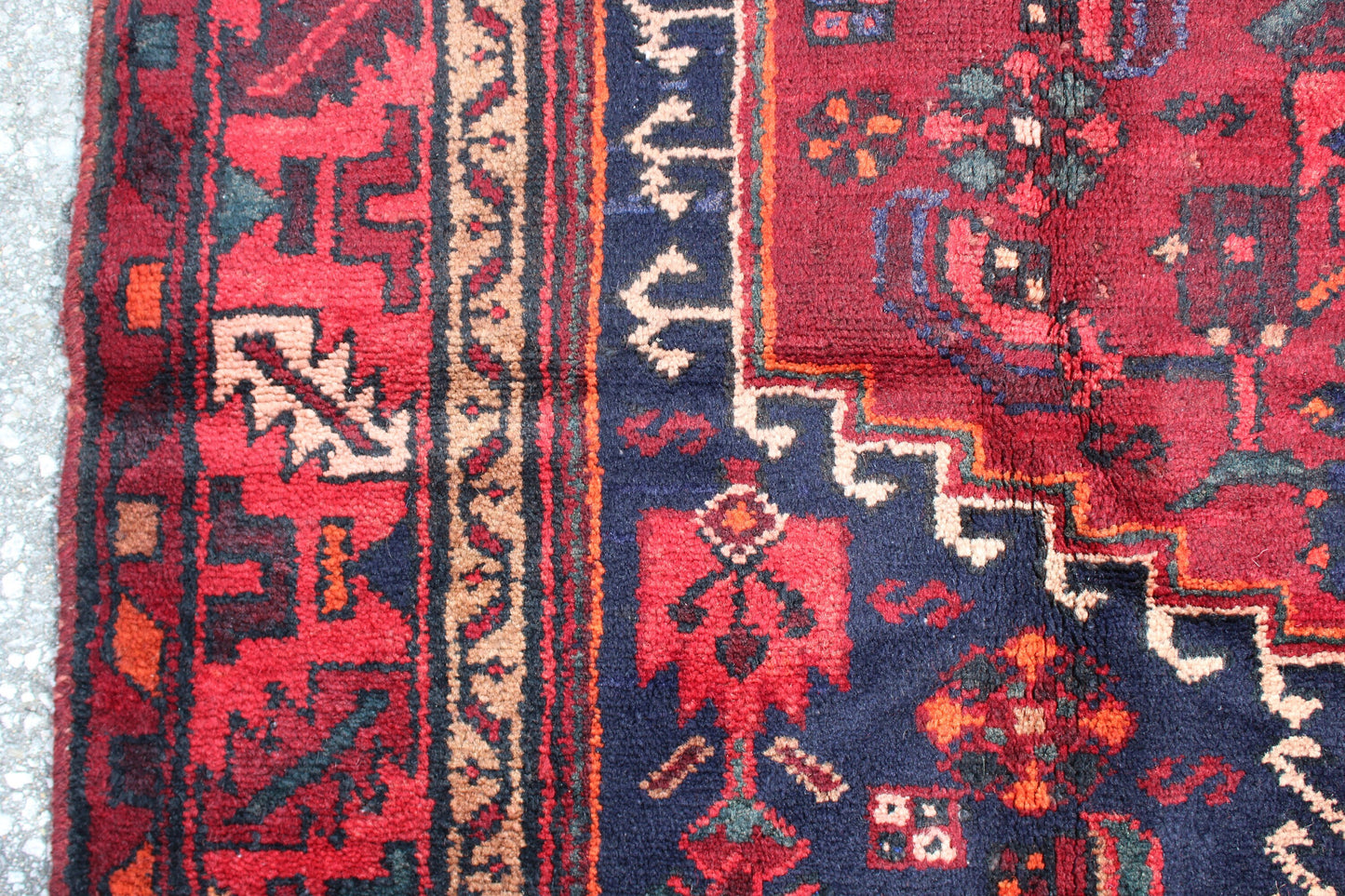 Bright Red Navy Hand Knotted Vintage Persian Tribal Rug