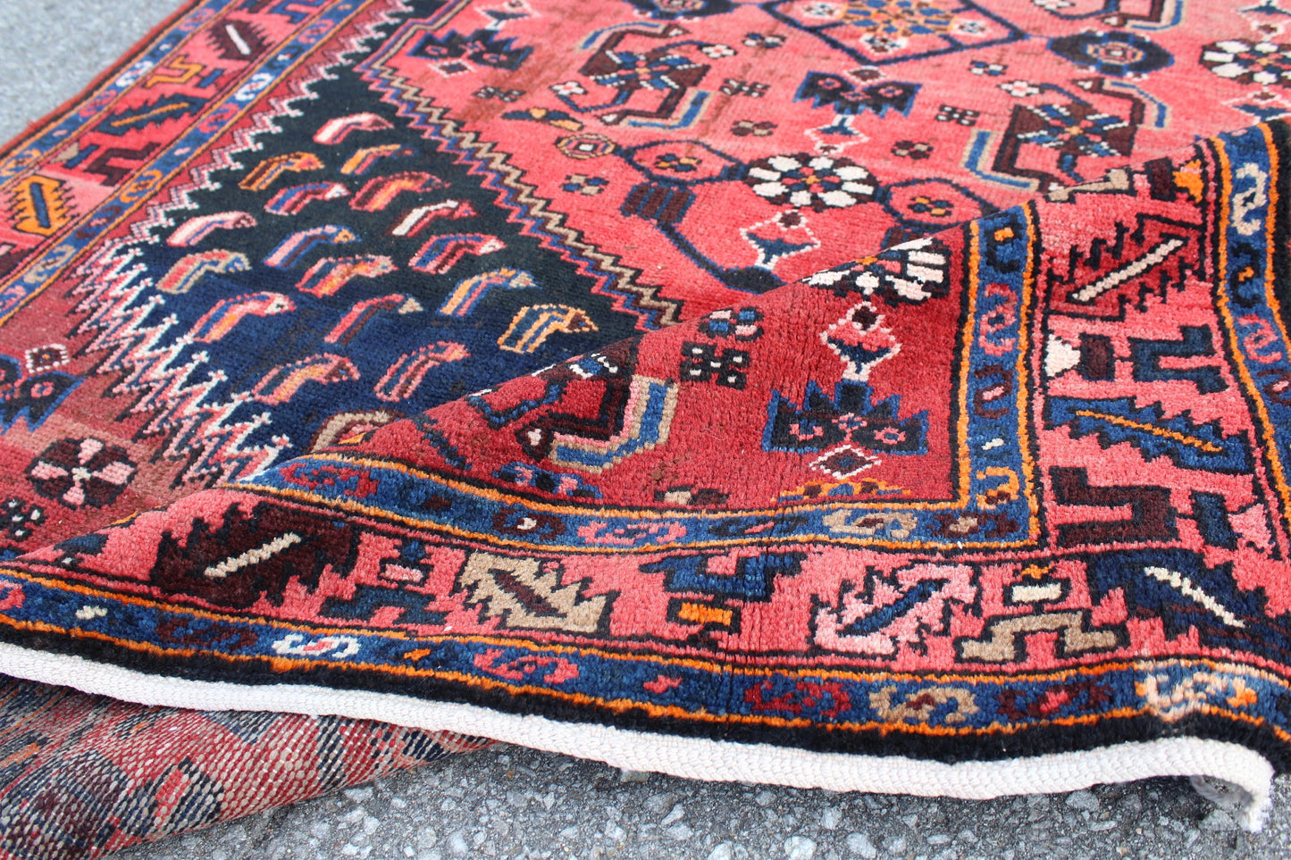 Red Black 4x7 Vintage Hand Knotted Rug