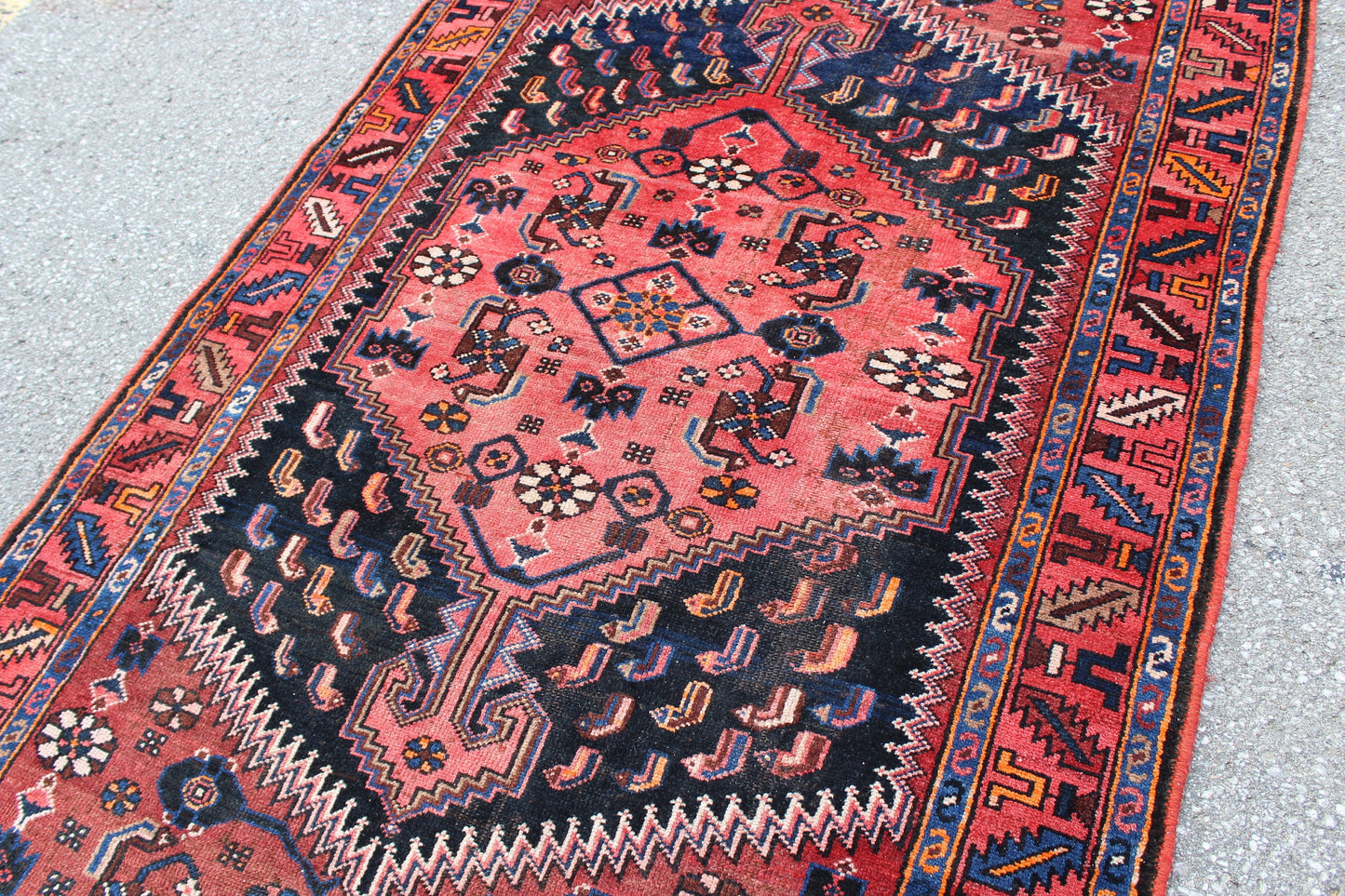 Red Black 4x7 Vintage Hand Knotted Rug
