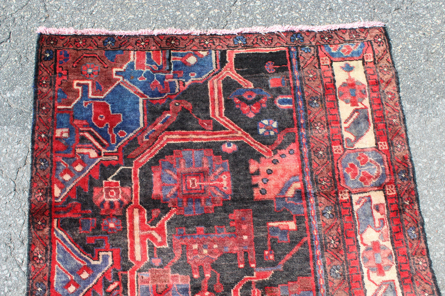 One of a Kind Red Navy Blue 3x4 Rug | Unique Ivory Borders