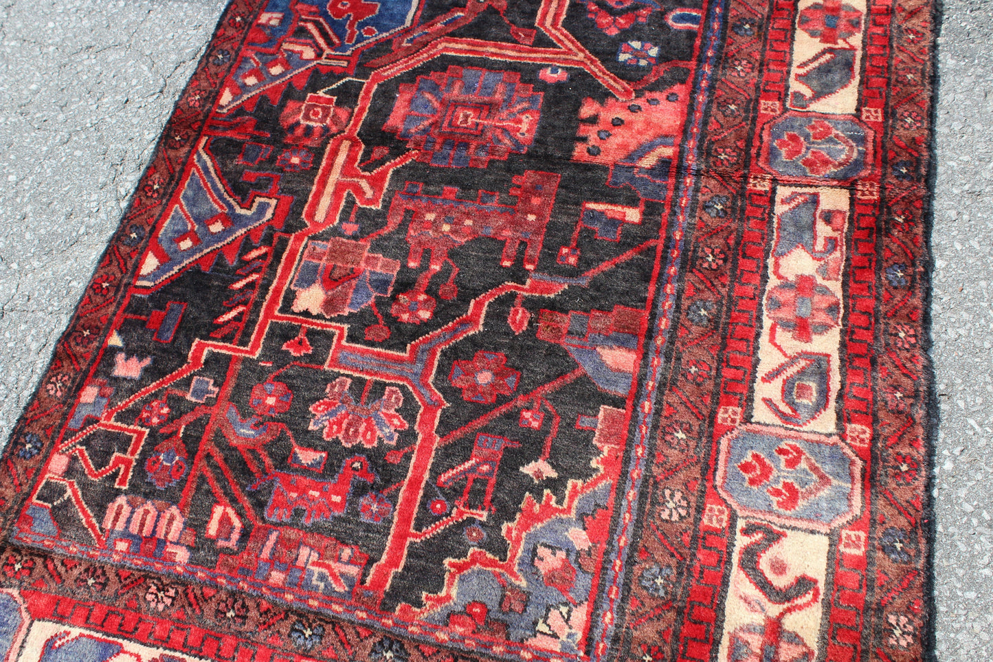 One of a Kind Red Navy Blue 3x4 Rug | Unique Ivory Borders