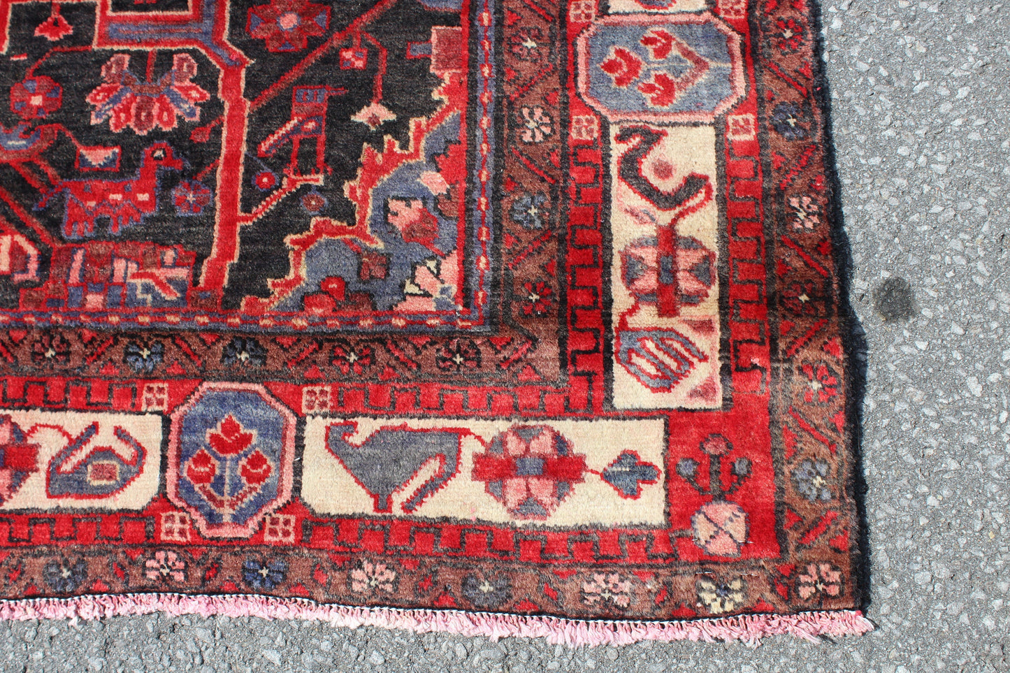 One of a Kind Red Navy Blue 3x4 Rug | Unique Ivory Borders