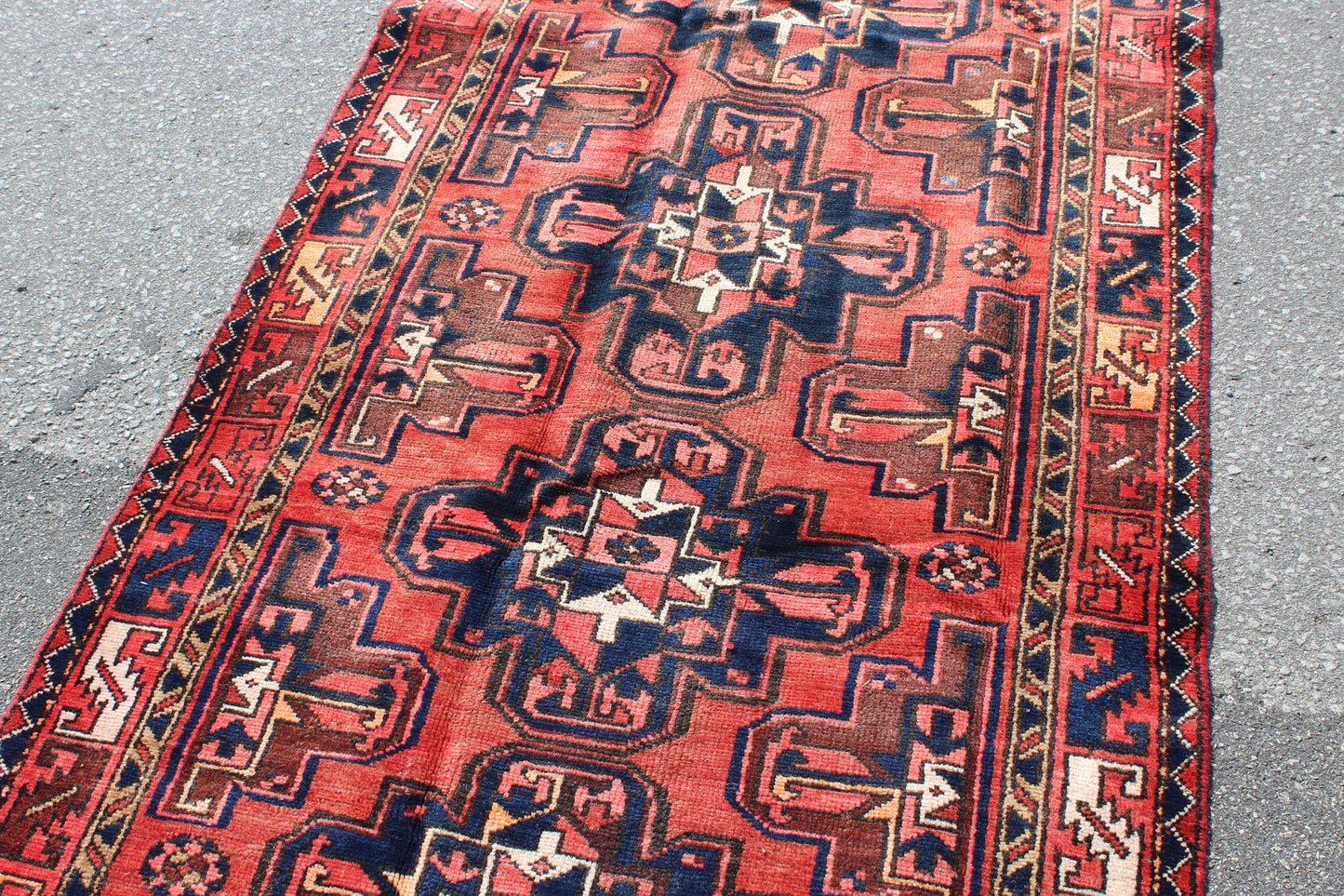 Red Blue 4x7 Vintage Hand Knotted Rug