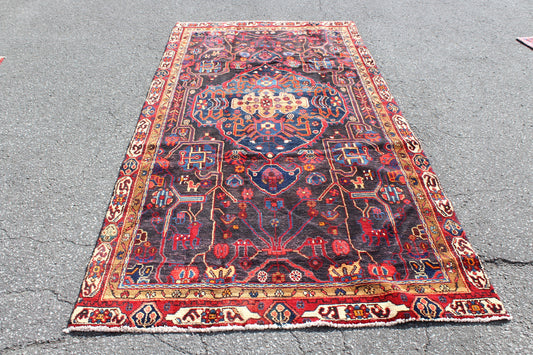 Red 4x10 Vintage Rug | Tribal Oriental Persian Rug | Kazak Bohemian Rug | Handmade Rug