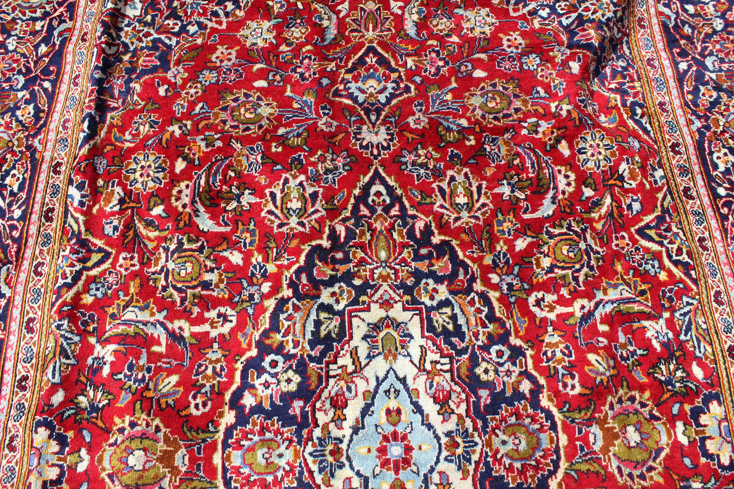 Red Blue 7x11 Vintage Hand Knotted Rug
