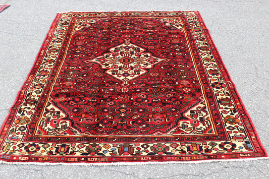 Red White 5x7 Vintage Tribal Handmade Rug