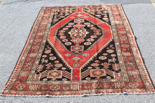 Red Blue 5x7 Vintage Rug | Tribal Oriental Persian Rug | Kazak Bohemian Rug | Handmade Rug