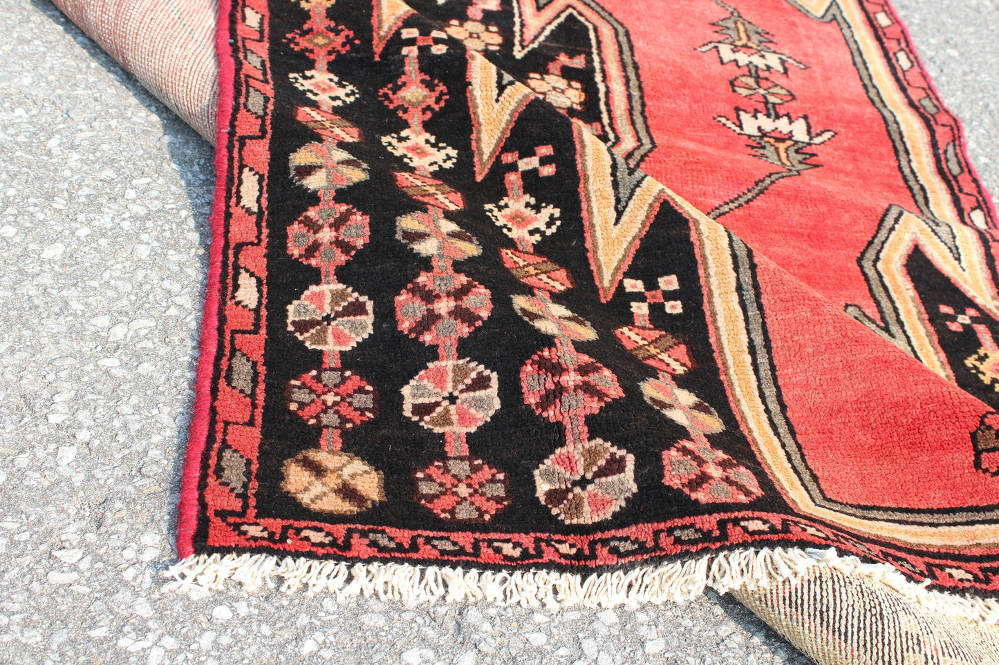 Red Handmade Rug with Black Corner | 4x6 Wool Turkish
