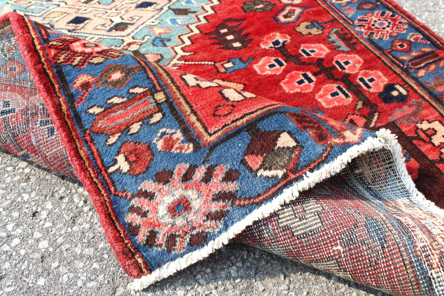 Red Blue 4x7 Vintage Tribal Hand Knotted Rug