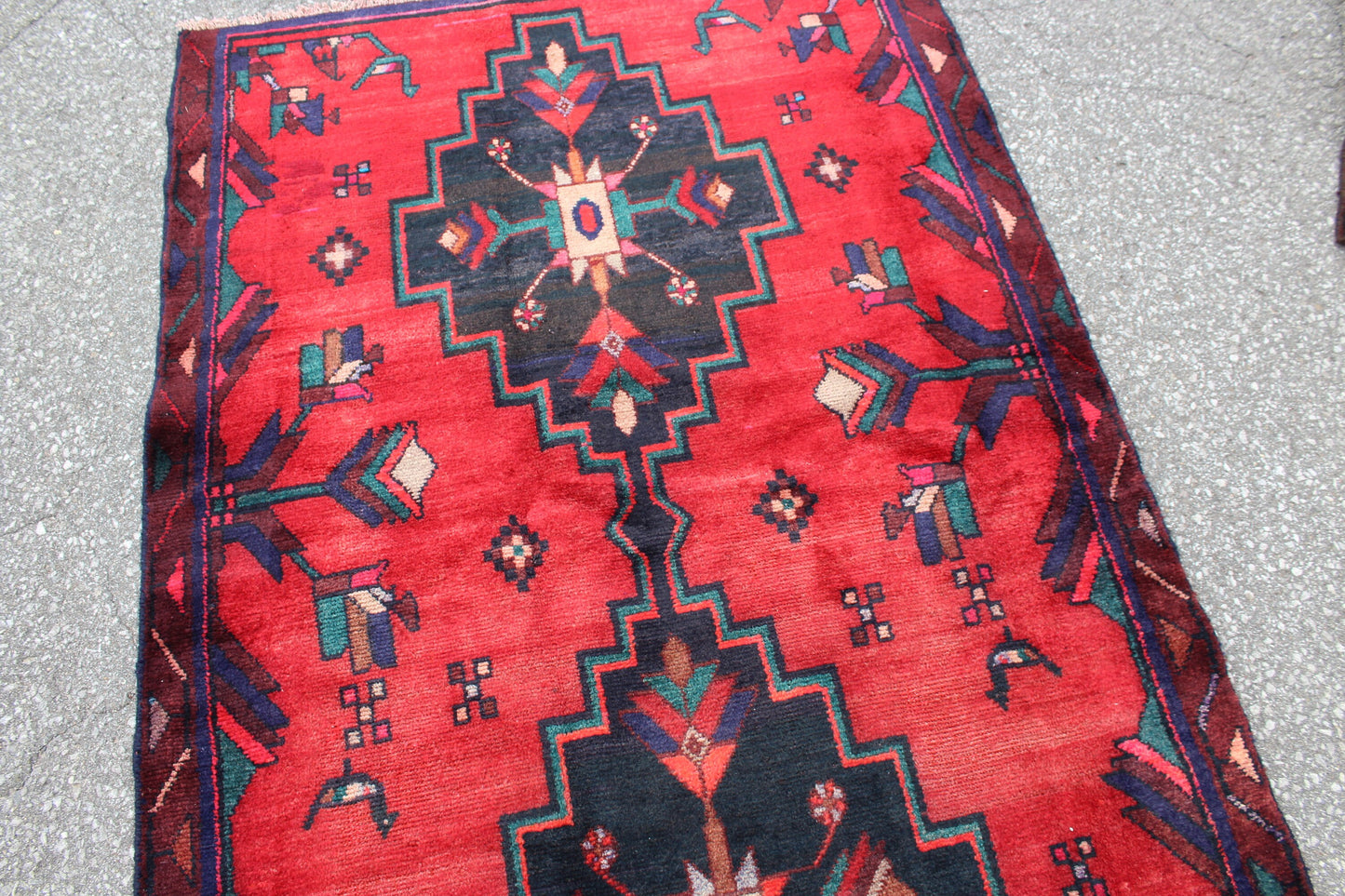 Bright Red 4x6 Rug with Navy Teal Tribal Floral Accents