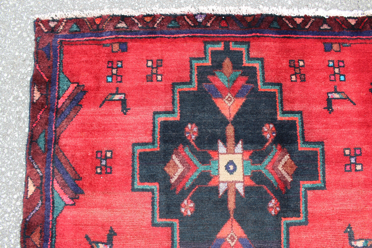 Bright Red 4x6 Rug with Navy Teal Tribal Floral Accents