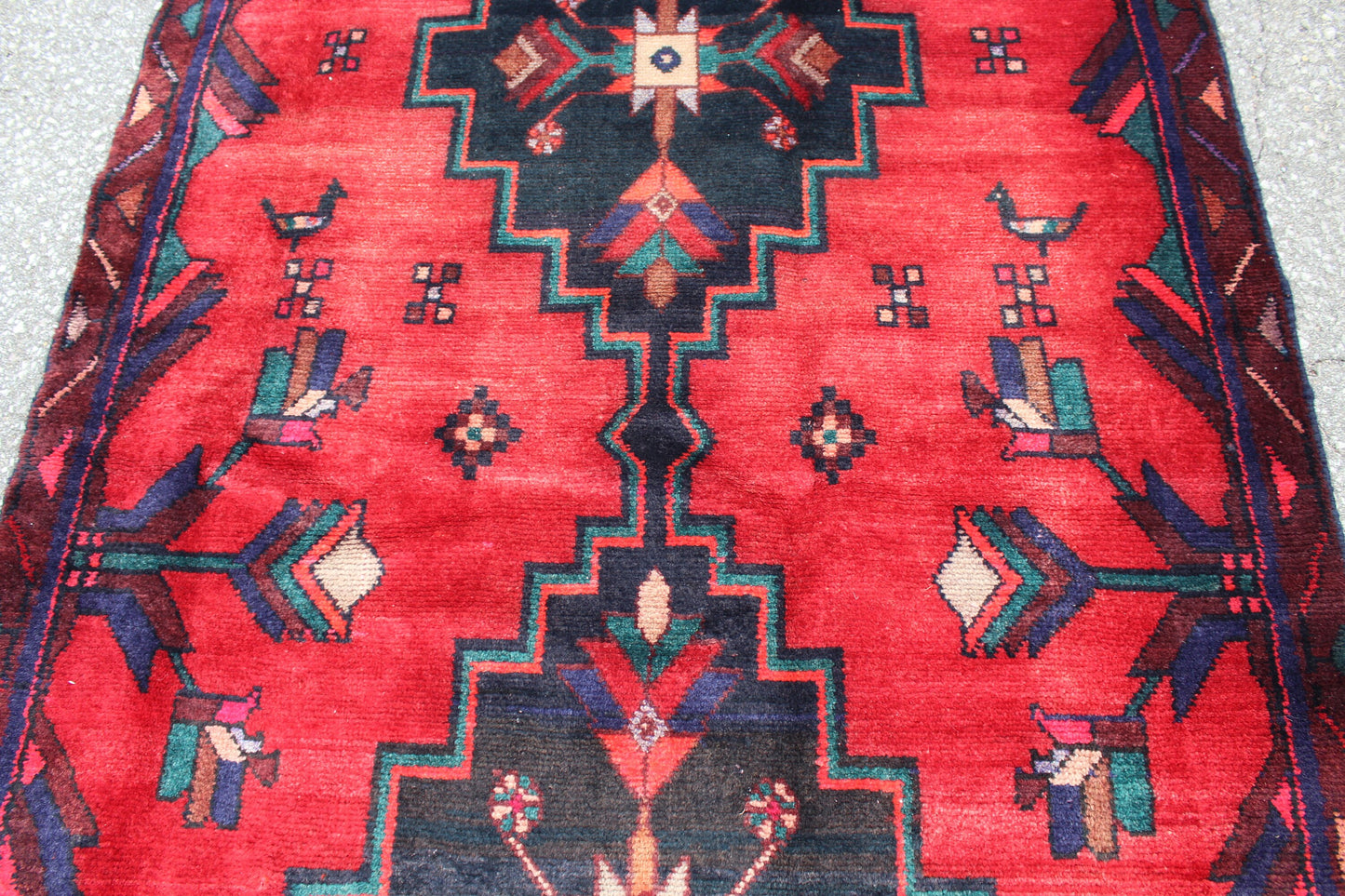 Bright Red 4x6 Rug with Navy Teal Tribal Floral Accents