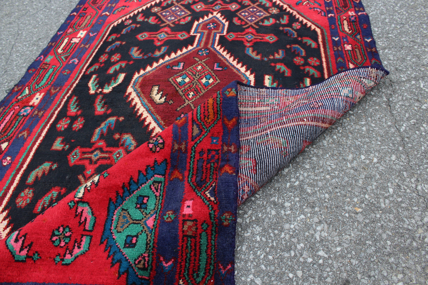 Navy Bright Red Black 3x7 High Pile Handmade Turkish Persian Rug