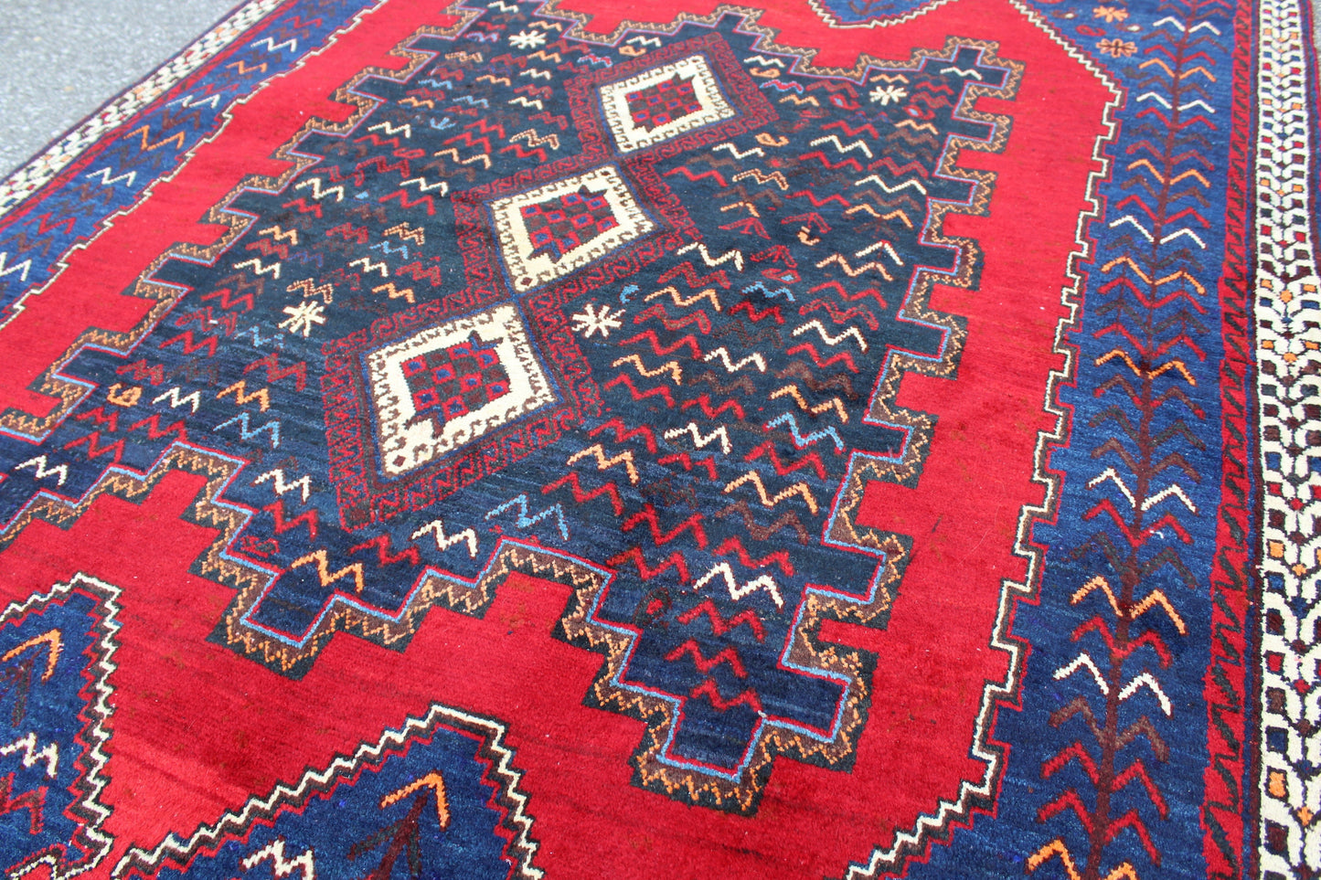 Blue 5x6 Rug with Red Accents | Wool Hand Knotted Tribal Rug