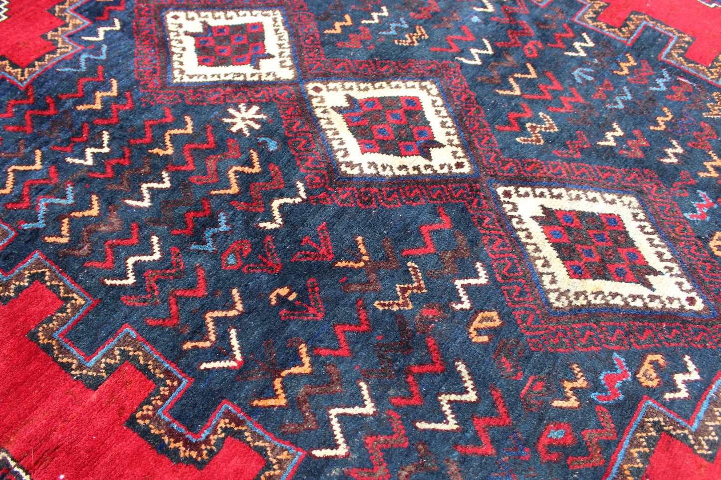 Blue 5x6 Rug with Red Accents | Wool Hand Knotted Tribal Rug