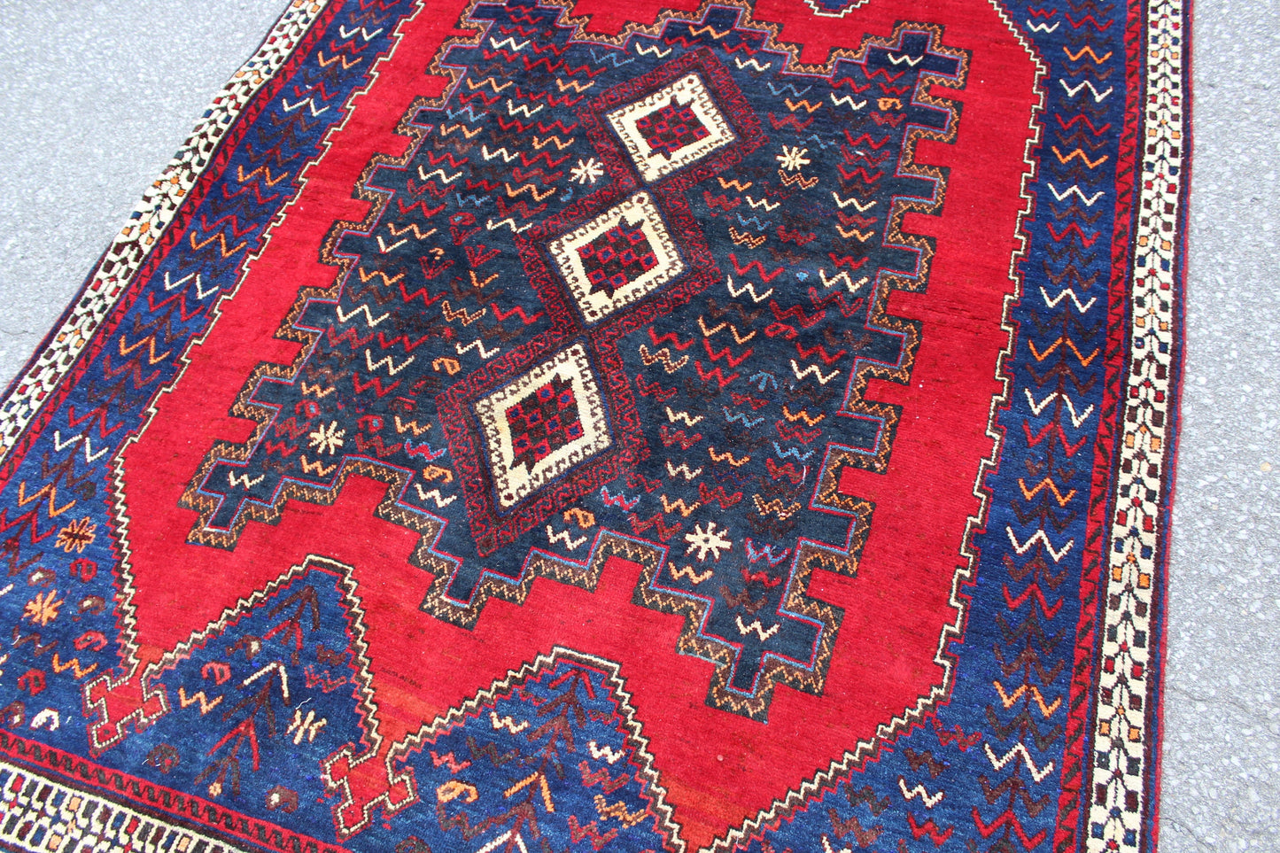 Blue 5x6 Rug with Red Accents | Wool Hand Knotted Tribal Rug