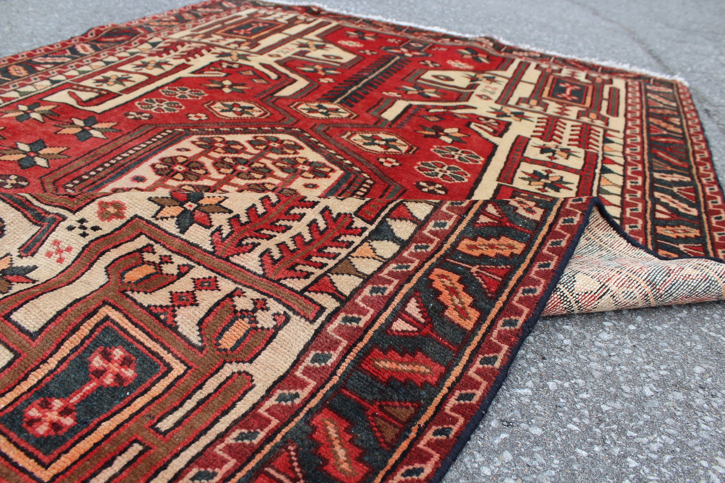 Red Beige 4x6 Handmade Turkish Rug with Green Border