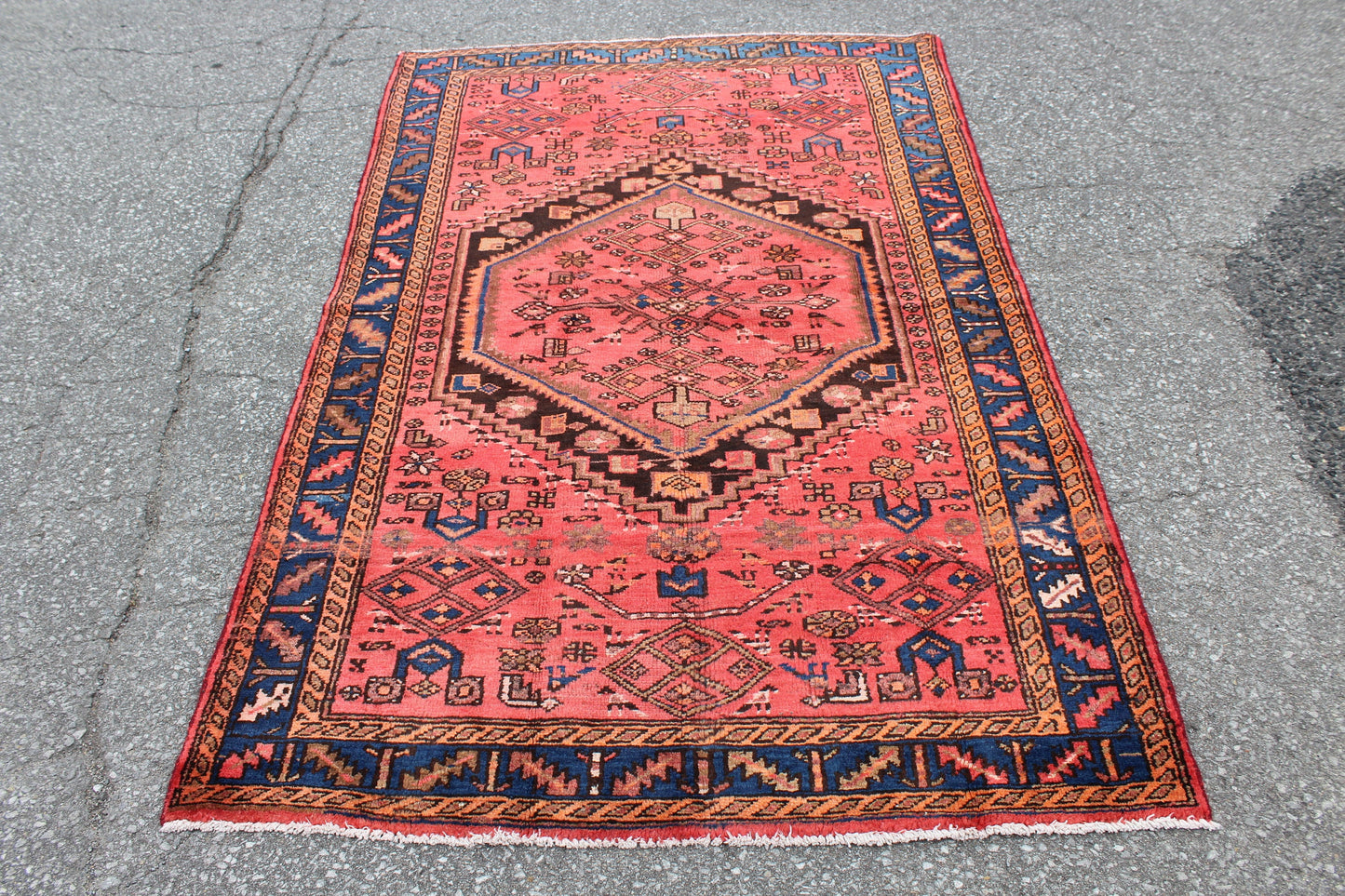 Coral Pink Handmade 4x6 Persian Rug with Blue Bordered Outline
