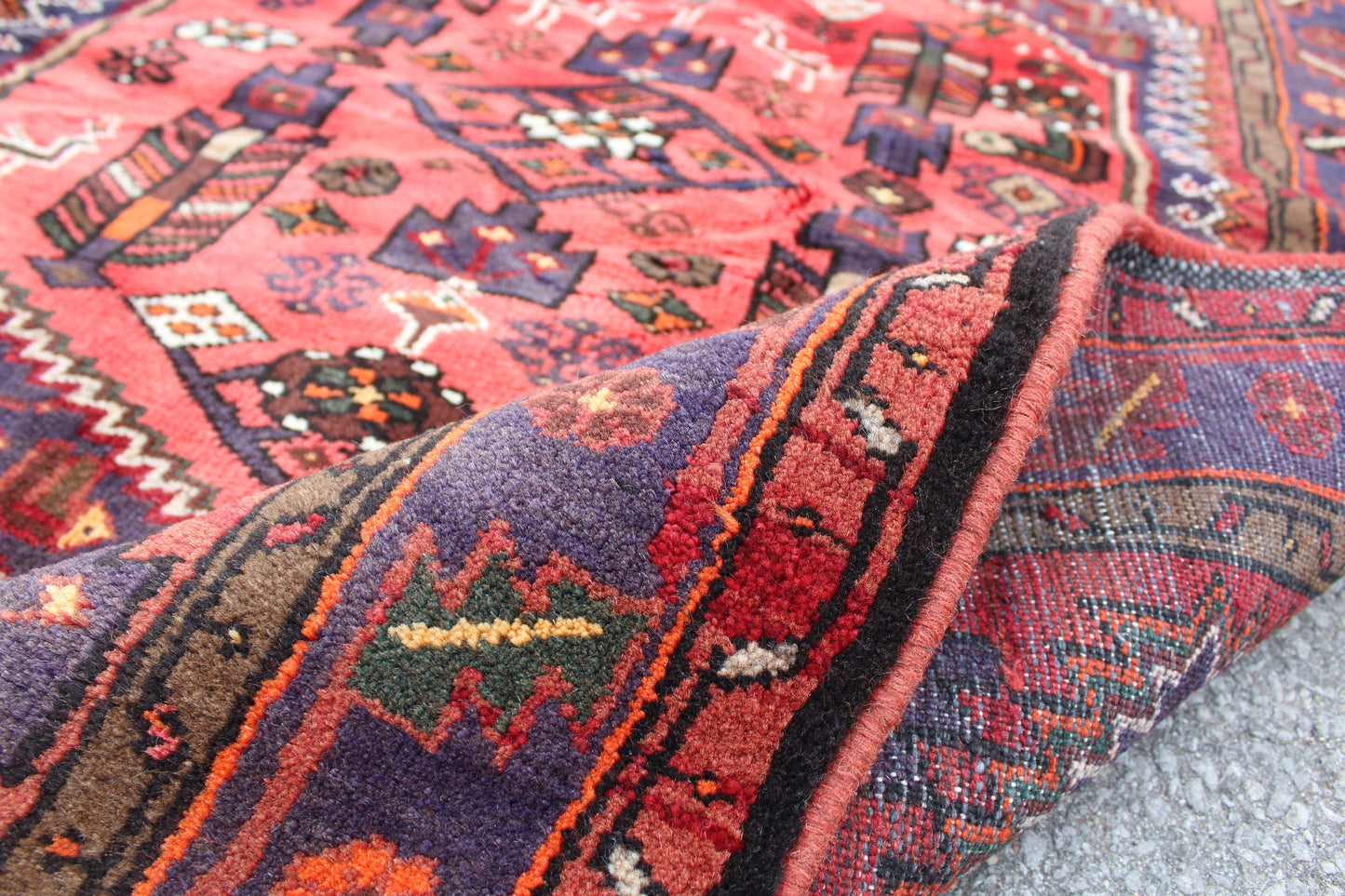 Coral 3x7 Rug with Purple Blue Border | Persian Style Handmade Rug