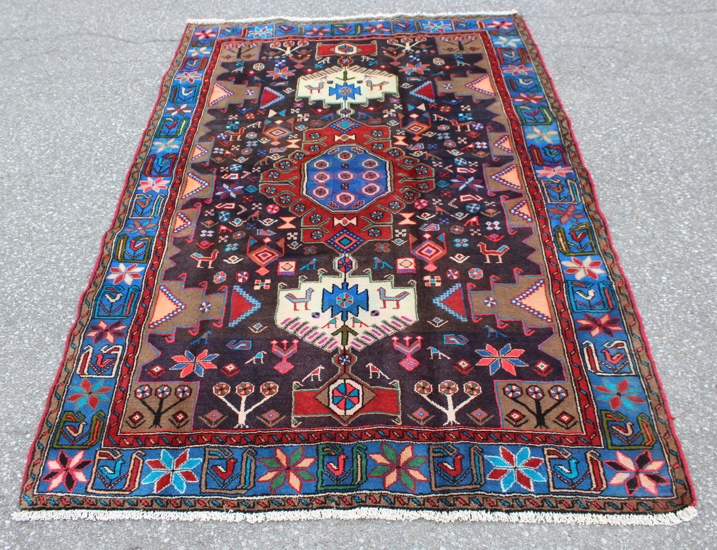 Blue Navy Blue 5x7 Vintage Tribal Handmade Wool Rug