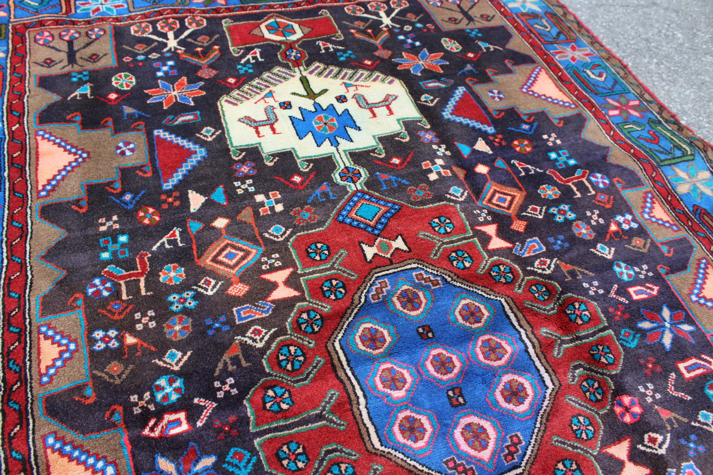 Blue Navy Blue 5x7 Vintage Tribal Handmade Wool Rug
